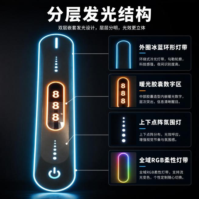 [主图-2] 双层嵌套发光结构核心卖点展示，讲透分层发光设计。保持门牌整体外观结构与原图一致，参考图2科技暗黑风格。画面氛围：专业技术展示风，通透光感。画质：商业摄影质感、产品结构清晰、画面干净高级。预览效果