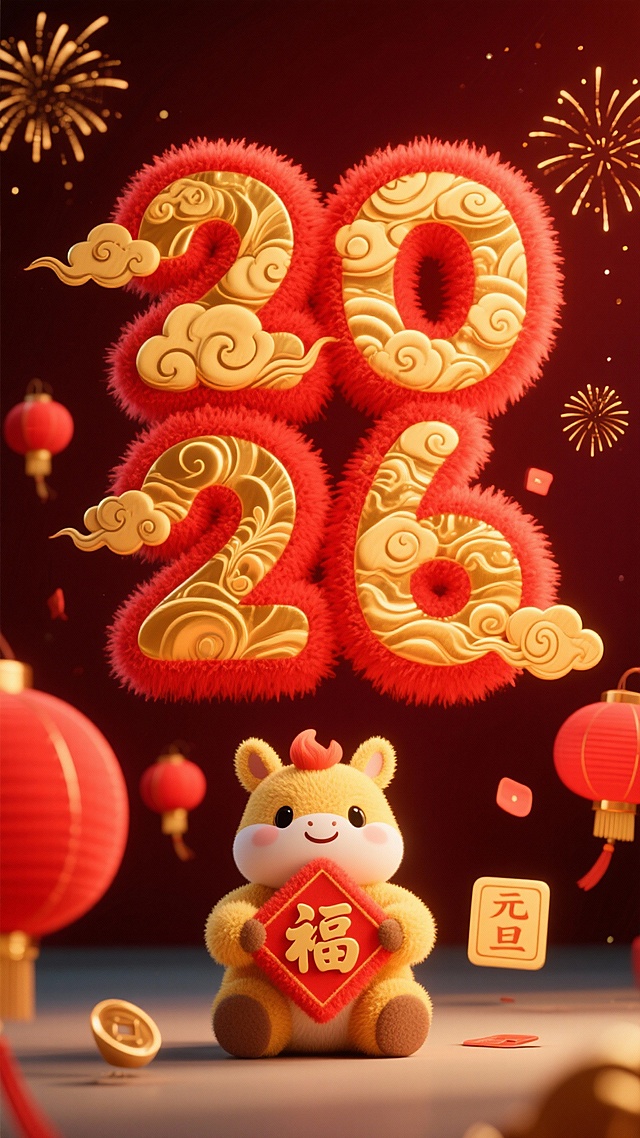 软3D毛绒质感数字“2026”搭配鎏金祥云，萌趣小牛手持“福”字，红灯笼与烟花点缀，喜庆卡通风迎元旦。