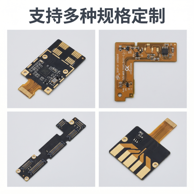 [主图 4] PCB定制多款式展示拼图。[氛围风格] 专业明亮统一，展现丰富定制能力和产品轻薄特性。[画质] 商业摄影质感、各款产品清晰、光线均匀明亮、画面干净高级。[元素] 拼接展示四款不同规格形状预览效果