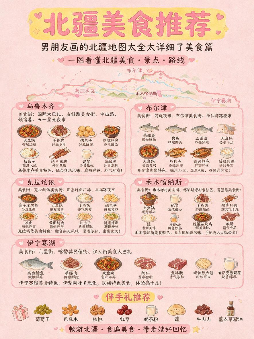 北疆美食推荐海报，粉色背景，顶部标题男朋友画的北疆地图太全太详… - 图片创意预览