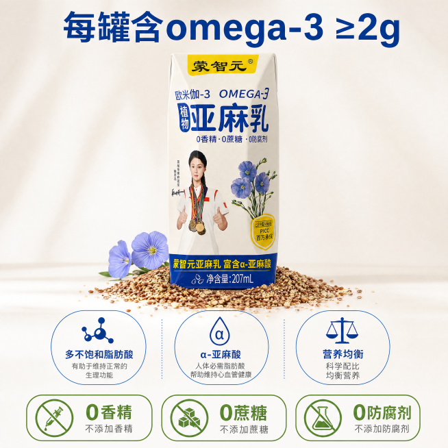 [主图-3] 营养成分细节展示。[氛围风格] 干净通透科学感，突出健康属性。[画质] 商业摄影质感、光线柔和通透、产品清晰真实、画面干净高级。保持植物亚麻乳包装盒外观（物理结构、材质质感、颜色）与输入预览效果