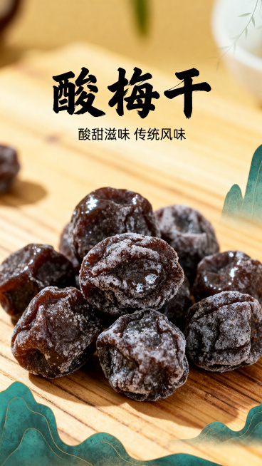 酸梅干宣传海报，画面中摆放着诱人的深褐色酸梅干果脯，整体色调酸甜清爽，背景为国风木质桌面，搭配苍劲的书法字体标题"酸梅干"，复古国风风格，突出产品，构图饱满，海报宣传设计预览效果