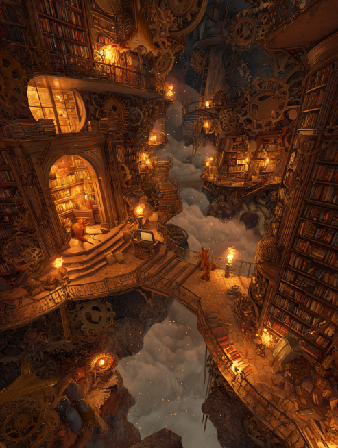 Steampunk dream library, floating gears as islands connected by crystal bridges, Victorian-clad foxe预览效果