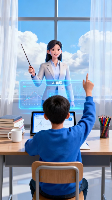 浅蓝色调的智能化学习场景中，镜头以正后方度角展现沉浸式互动教学画面——一位身着蓝色卫衣的男孩坐在书桌前，左手高举提问，目光专注于前方平板屏幕，屏幕上显示着数学图表与“AI辅导”界面，虚拟出的女教师形象预览效果