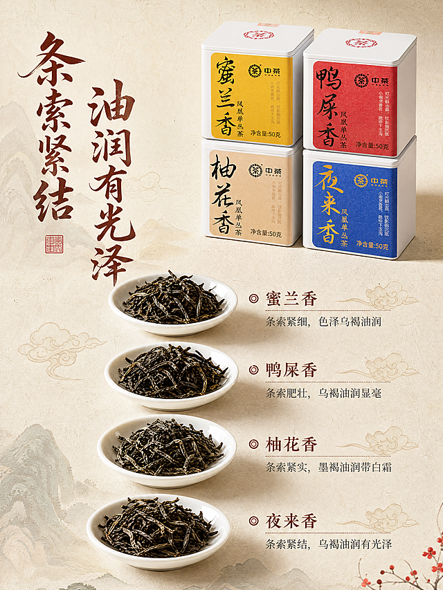 [主图-3] 干茶细节展示主图；国潮风格，四款产品组合放置在画面右上区域，保持产品外观不变，左侧微距特写四款干茶条索，分别放置在四个白瓷小碟中，突出干茶紧结油润的肌理质感，每款干茶对应标注口味名称。光影采用侧逆光，突出茶叶油润光泽。文字版式：左侧标注"条索紧结 油润有光泽"，国潮书法字体，棕红色。整体国潮雅致风格，背景是浅米色麻纸纹理。比例750*1000，3:4，4k分辨率，文字清晰可读。负向提示词：变形，水印，文字错乱，产品模糊，背景杂乱，文字遮挡主体。