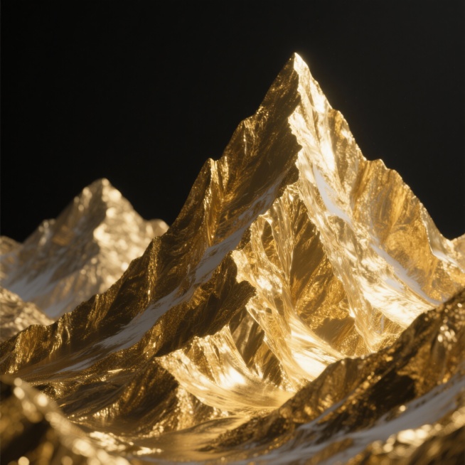 A majestic mountain range entirely made of polished, glowing gold, with sharp peaks catching the lig预览效果