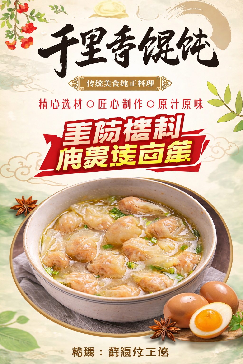 中国风餐饮活动海报，参考图中式古风风格，主体是一大碗千里香馄饨… - 图片创意预览