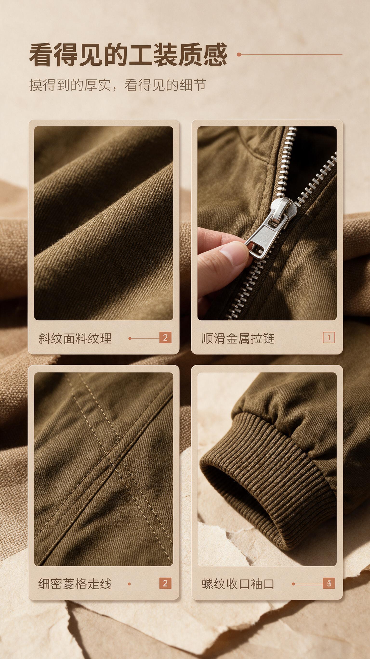 [商品] 使用【图1】卡其棕立领工装夹克；保留面料斜纹肌理、卡… - 图片创意预览