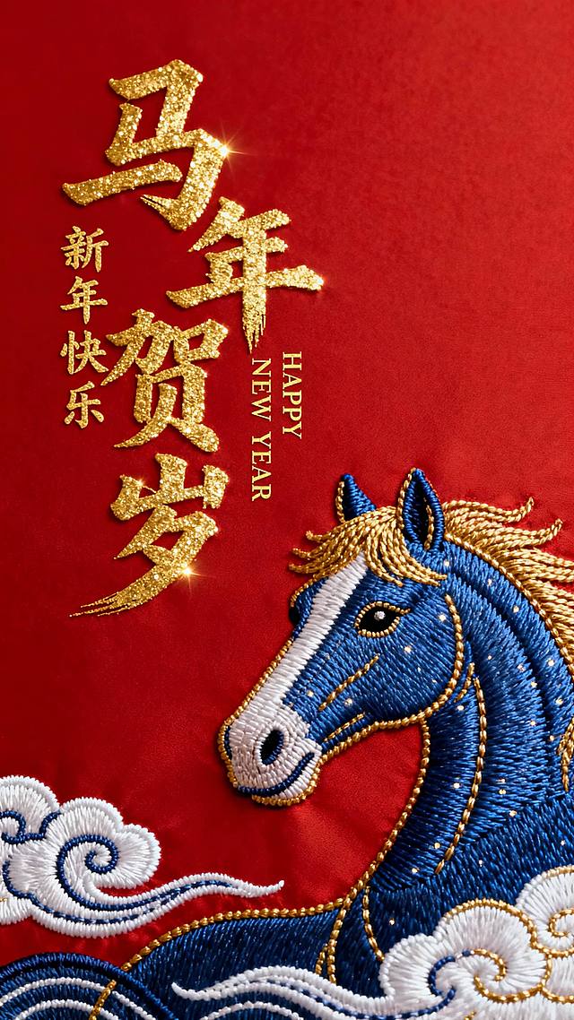 画面右下角是一匹蓝金刺绣质感的马头，搭配蓝白绣纹祥云，左侧是金色书法大字主标题 “马年贺岁”，副标题“新年快乐”， 竖排小字“HAPPY NEW YEAR” 英文， 红色背景