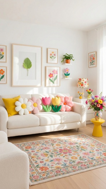 Decorate the room further to make it look brighter, focusing on floral shapes while keeping the wall预览效果