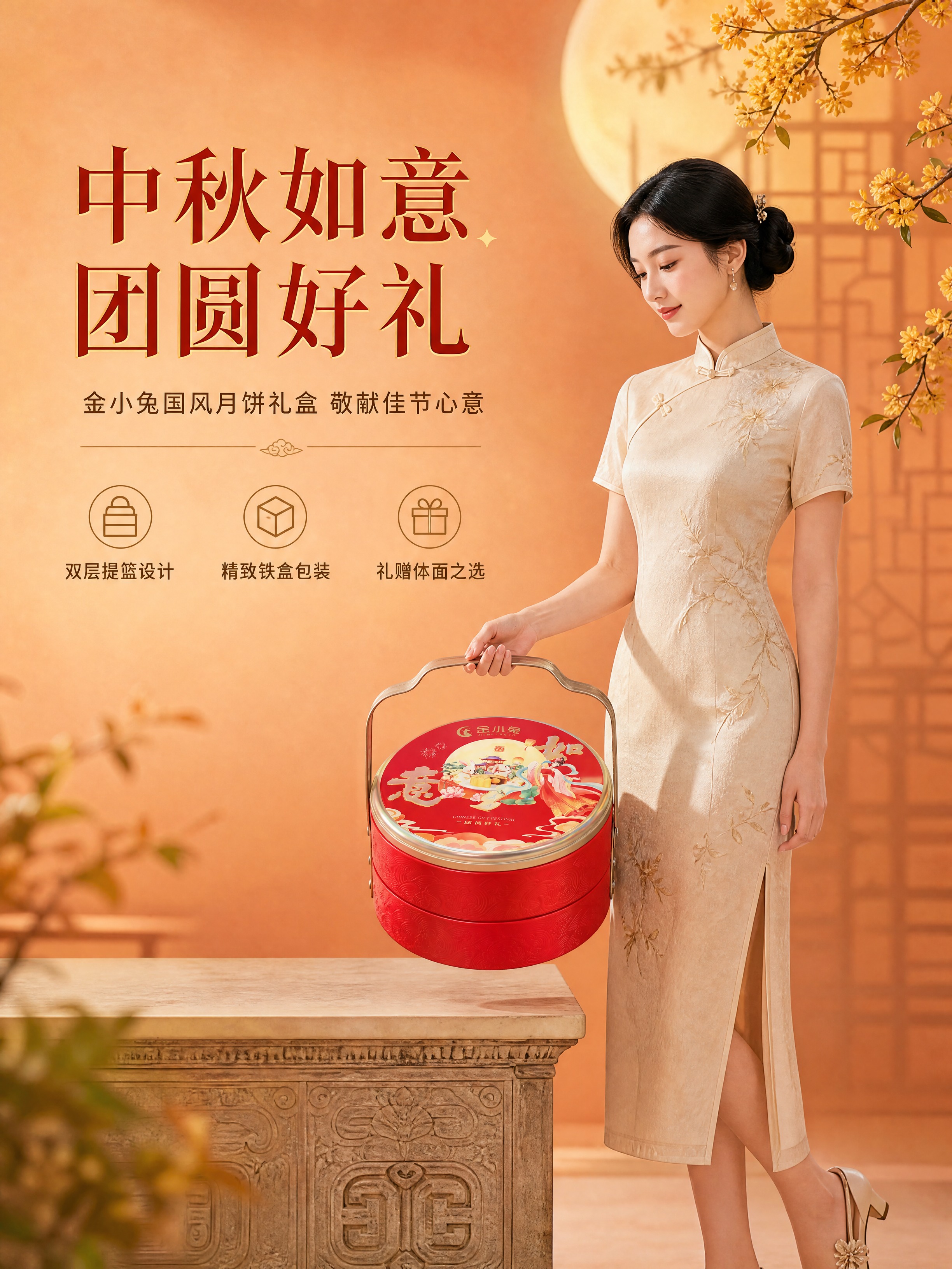 [商品] 使用【图1】金小兔如意中秋月饼礼盒，红色双层圆形铁盒… - 图片创意预览