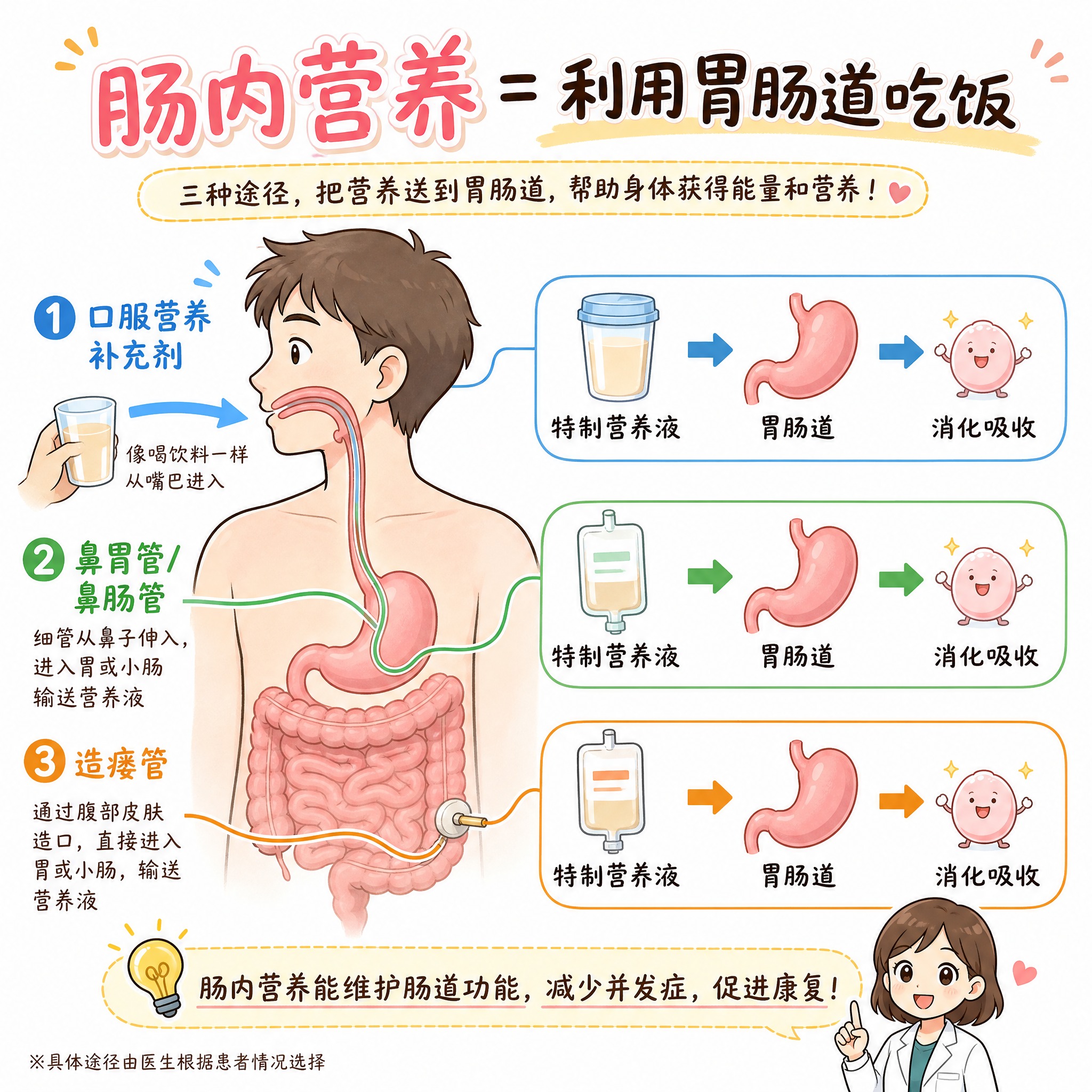 医学科普漫画风格插画，讲解肠内营养的三种途径，左侧画一个人体上… - 图片创意预览