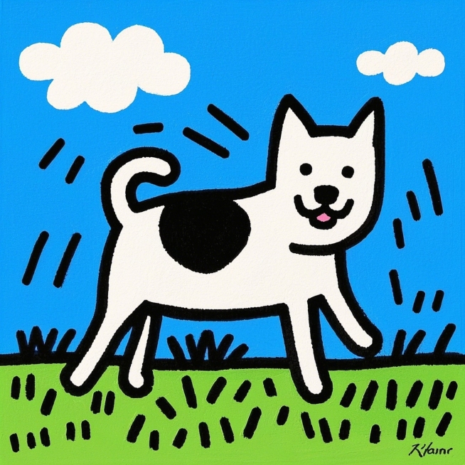 可爱柴犬，在草地摇尾巴看镜头，手绘，版画，卡通预览效果