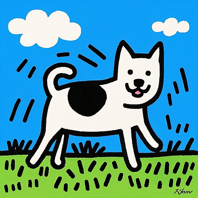 卡通感插画风，拟人化的狗狗穿着围裙，欢快地在草地上奔跑，充满童趣与活力。