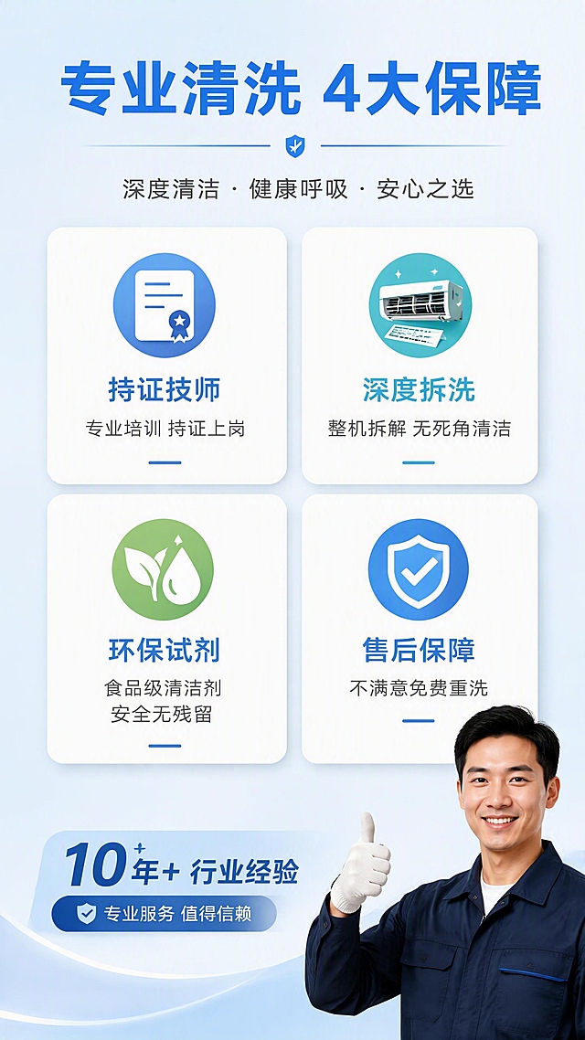 [第3张] 核心卖点页-为什么选择我们的专业空调清洗服务。本张使用【图1】作为专业服务形象参考。
[氛围/风格] 专业可信的卖点展示页，图标+文字卡片式布局，清新现代。
[元素布局] 顶部为标题区；中间展示4个核心卖点卡片，2x2排列；每个卡片包含一个图标、一个卖点标题和简短说明；卡片背景为白色圆角，有轻微阴影；底部有一位专业技师形象（参考图1中技师形象）微笑竖大拇指的半身像，位于右下角。背景为淡蓝色渐变。
[光影质感] 整体明亮柔和，卡片有轻微投影增加层次感，人物光照均匀。
[配色色系] 全局底色 #E8F4FD；主色 #1976D2（专业蓝）；辅助色 #00ACC1（青蓝）、#66BB6A（绿）、白色卡片。
[视角构图] 上中下结构，顶部标题，中部4卡片矩阵，底部人物形象，阅读动线清晰。
[文字版式] 顶部主标题「专业清洗 4大保障」蓝色粗体大字号；4个卖点卡片分别为：1.「持证技师」图标+「专业培训 持证上岗」；2.「深度拆洗」图标+「整机拆解 无死角清洁」；3.「环保试剂」图标+「食品级清洁剂 安全无残留」；4.「售后保障」图标+「不满意免费重洗」。右下角人物旁加标签「10年+行业经验」。
[比例分辨率] 9:16 竖版比例，4K 分辨率，文字清晰可辨，高清画质。
[负向提示词] 人物变形，文字错乱，文字过小，水印，图标模糊，颜色偏差。