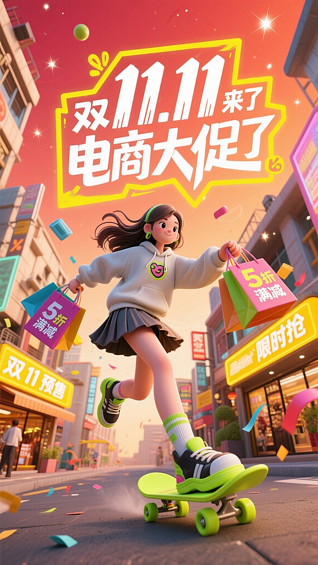 3D 卡通插画风格，OC 渲染 8K 高清细节，鱼眼镜头 + 低角度仰视视角（强化透视张力）；画面居中白色主题字 “11.11狂欢盛典”，采用涂鸦风创意设计 —— 笔画粗壮有力、起笔转折锐利，边缘微发光，部分笔画穿插购物袋 / 折扣符号图案，还做抽象变形与笔画共用，搭配亮黄色实心方框装 “双 11 来了”，视觉冲击感拉满。 画面核心：女生身着 oversize 潮牌卫衣 + 百褶短裙 + 时尚运动