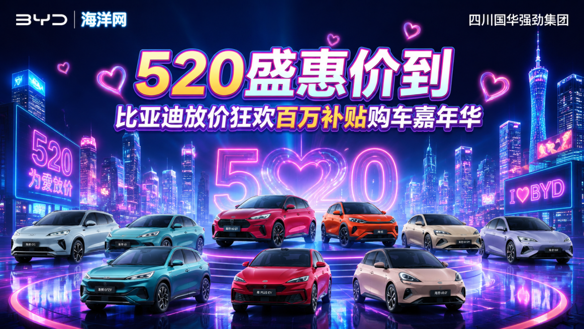 520购车节活动海报，主题"520盛惠价到 比亚迪放价狂欢百万补贴购车嘉年华"，左上角放比亚迪海洋网logo，其中‘海洋网’三字严格仿照参考图字体风格（圆润粗体+轻微连笔+浅蓝描边+白色填充+立体微阴预览效果