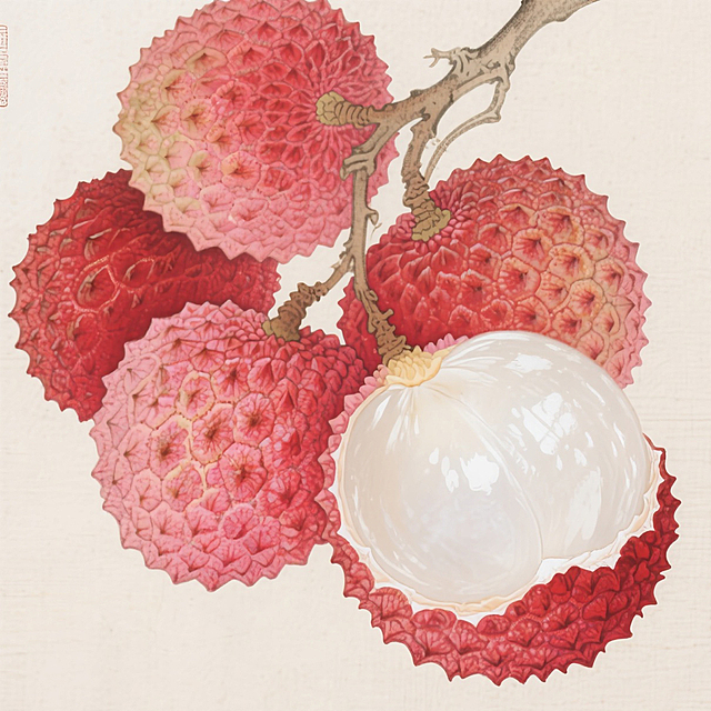 一串硕大的新鲜荔枝特写，有一颗拨开了壳，露出白皙的果肉；朱砂红、桃红的配色；浅色暖色调背景