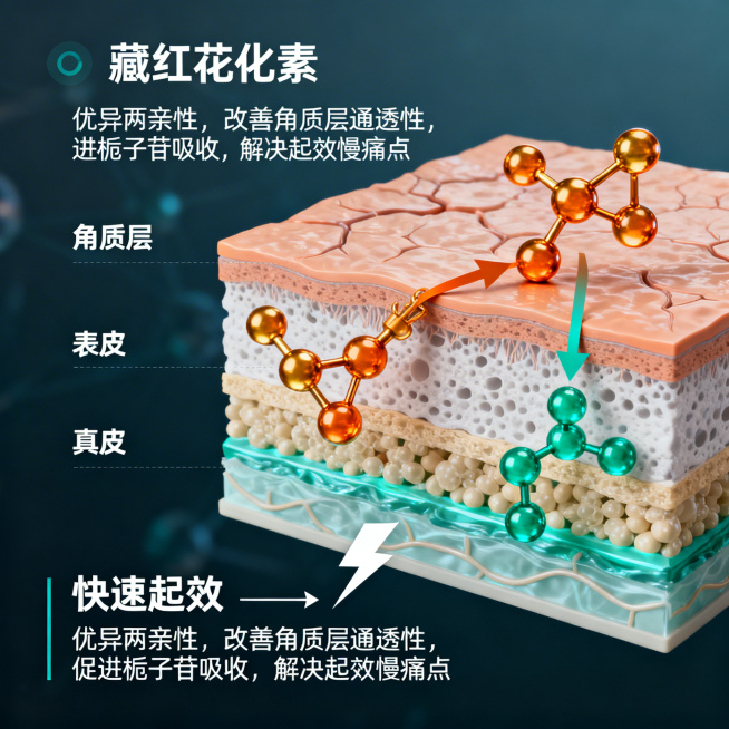 象限2：提升经皮吸收效率，皮肤分层结构示意图，标注角质层、表皮、真皮，用箭头和分子模型展示金橙色藏红花素凭借两亲性穿透角质层，拉着青绿色栀子苷分子一同进入真皮层，添加闪电符号指向文字"快速起效"，极简预览效果