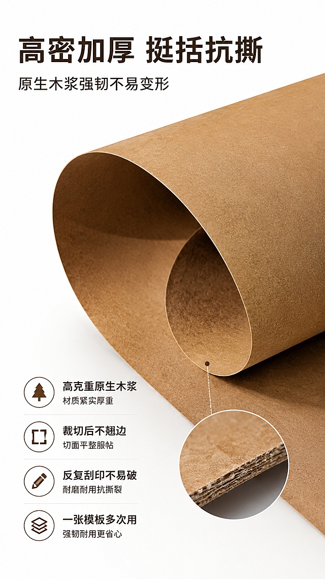 [第4屏] 核心卖点2，高密加厚强韧性，挺括抗折不易撕裂。本屏使用【图7】作为纸的细节主体。[氛围/风格] 材质展示风，简洁干净，突出纸张厚度和韧性。[元素布局] 卷曲的牛皮纸放置在画面中心，占比约70%，通过卷曲动作展示纸张韧性和挺度，局部放大标注纸层密度，保持纸张颜色和纹理与输入图片一致。[光影质感] 侧光打亮纸张卷曲边缘，突出厚度层次，背景干净明亮。[配色色系] 全局底色 #FFFFFF；主色牛皮纸棕黄色，深棕色文字。[视角构图] 斜侧视角，突出纸张卷曲后的挺括感，不软塌。[文字版式] 顶部标题 "高密加厚 挺括抗撕"，副标题 "原生木浆强韧不易变形"；下方罗列：高克重原生木浆、裁切后不翘边、反复刮印不易破、一张模板多次用，文字左对齐，信息清晰。[比例分辨率] 9:16 竖版比例，4K 分辨率，文字清晰可辨，高清画质。[负向提示词] 纸张变形，纹理模糊，文字过小，颜色偏差，水印