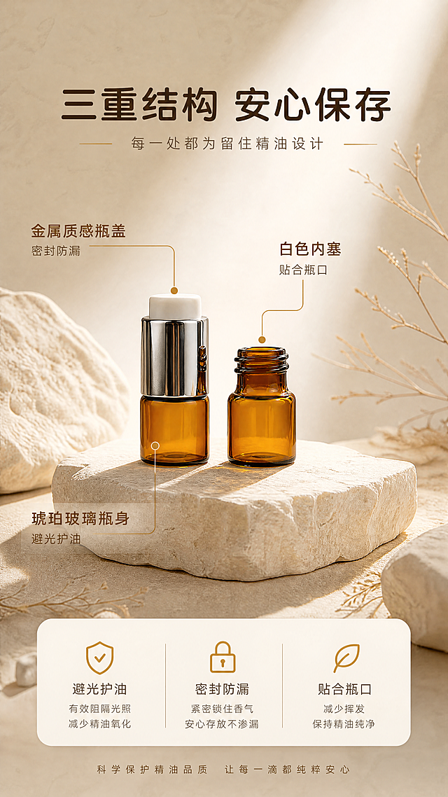 [商品] 使用【图4】同一款棕色小容量玻璃精油瓶（完整瓶与未盖空瓶同框，置于米白石板上）：保留琥珀棕玻璃瓶身、银色金属质感瓶盖、白色内塞、圆柱矮胖瓶身、螺纹瓶口；瓶身无文字无Logo，不得新增标签；不改变瓶身形状、颜色和瓶盖结构。
[画面] 页面目标=结构解析，展示瓶身、瓶盖、内塞三个部位的用处；构图=产品居中偏上，细线引线向四周引出3个标注点，底部放结论信息卡；产品占画面55%；景别=中近景微俯；背景=暖米墙面、浅色石块和干枝的自然氛围；阅读动线=顶部标题→引线标注→底部结论。
[视觉] 套系策略：风格=自然极简高端生活感商业摄影；标题字=现代圆润黑体；正文字=简洁无衬线体；主色=琥珀棕；背景延展=暖米色、浅沙色与细腻纸感肌理的深浅渐变；强调色=暖金色，仅用于引线、圆点和标签；标题色=深咖棕；正文色=暖灰棕；组件=圆角浅米信息卡、细线引线；光影=暖侧光自然柔光。
[文字] 主标题“三重结构 安心保存”，副标题“每一处都为留住精油设计”；引线标注3条：琥珀玻璃瓶身-避光护油、金属质感瓶盖-密封防漏、白色内塞-贴合瓶口；全部横向排版，引线文字清晰不遮挡瓶身主体。
[规格] 9:16竖版，1080x1920，4K，medium；负向提示：禁止竖排或旋转文字、错字、变形、瓶盖结构改变、冷蓝或冷灰背景、平台logo、水印、虚构标签。