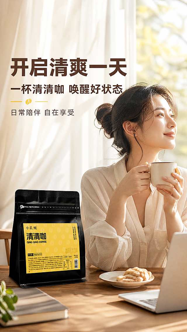[商品] 使用【图1】小晨炖清清咖黑色自立袋产品；保留包装全部原貌与文字；产品放在模特手边桌面上，清晰可见，占画面约20%。
[画面] 目标：模特生活方式展示，营造品质生活氛围。构图：右侧一位亚洲年轻女性（25-30岁，气质清爽，淡妆）坐在明亮的窗边书桌前，双手捧着一杯热咖啡，侧脸微笑望向窗外，姿态自然放松；左侧桌面上放着产品包装袋、笔记本电脑和一小碟点心；背景是虚化的白色窗帘与暖光窗外景色；整体呈现惬意的晨间或下午茶生活方式感。
[视觉] 套系策略：风格=高级商业咖啡摄影，暖棕质感；标题字=现代无衬线粗黑体，字重加粗；正文字=简洁无衬线体；主色=暖棕咖色+明黄；背景延展=基于暖棕咖色做深浅渐变、同色系层次、自然光环境质感；强调色=明黄色，仅用于小面积图标、引线、标签点缀；标题色=深咖棕；正文色=中暖棕；组件=圆角浅棕信息卡、细线引线、咖啡豆小图标；光影=窗边自然暖光，柔和明亮，人物与产品光影一致。
[文字] 左上主标题"开启清爽一天"，副标题"一杯清清咖 唤醒好状态"；下方配短句："日常陪伴 自在享受"；文字全部横排，字号适中，不遮挡人物与产品主体。
[规格] 图片比例9:16竖版，4K，负向提示：避免变形、错字、文字过小、冷蓝背景、功效描述、内包展示、医疗化承诺、人物表情僵硬、包装文字错乱。
