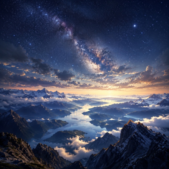 山河辽阔，满目星河，云卷云舒，意境悠远的自然风景，山河壮丽，星空璀璨，云朵舒卷预览效果