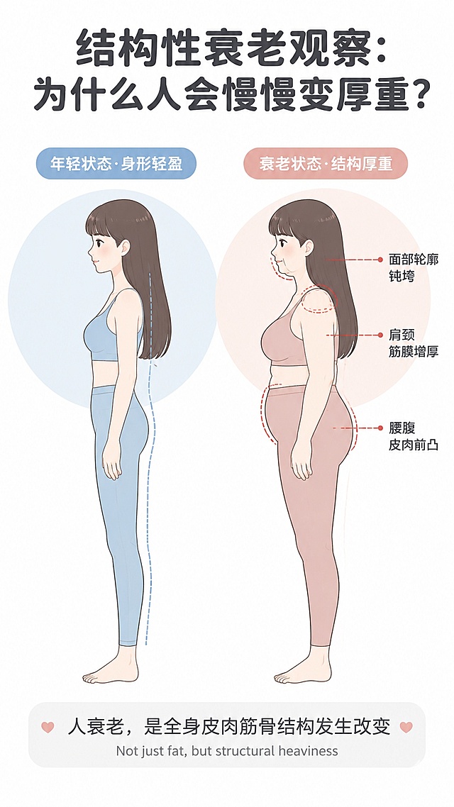 竖版9:16小红书科普海报，纯白底色，极简扁平简约线条插画，圆润柔和马卡龙淡彩配色，纯白色干净背景，无任何日文，统一齐刘海长发卡通女生形象，字体圆润简约，分区清晰，文字精简，女性抗衰科普，柔和干净无多余装饰。
顶部加粗大字标题："结构性衰老观察：为什么人会慢慢变厚重？"
画面左右并排两个同一位齐刘海长发女生侧身轮廓，左侧浅蓝圆形背景标注【年轻状态·身形轻盈】，女生线条纤细舒展；右侧浅豆沙圆背景标注【衰老状态·结构厚重】，三处红色虚线标注文字：面部轮廓钝垮、肩颈筋膜增厚、腰腹皮肉前凸；
底部居中文字：人衰老，是全身皮肉筋骨结构发生改变；小字英文：Not just fat, but structural heaviness
整体扁平简约插画，马卡龙低饱和浅色系，干净白底，无日文，线条柔和。
