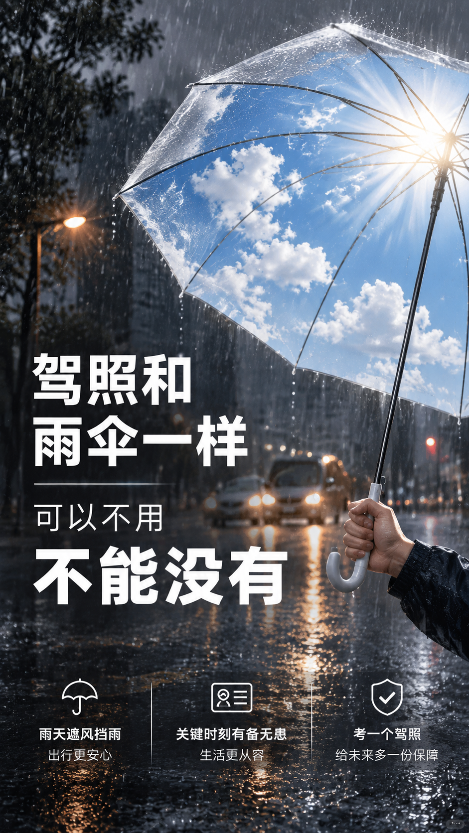 基于参考图的创意骨架重新设计一张驾校招生宣传海报，保留透明雨伞… - 图片创意预览