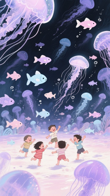 一堆小孩在嬉戏，四周大量的浅紫色、浅粉色和浅蓝色的小鱼和水母漂浮在空中，营造出一种梦幻和浪漫的氛围预览效果