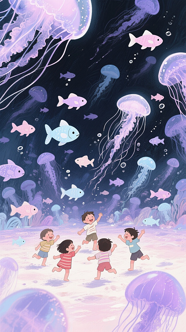 一堆小孩在嬉戏，四周大量的浅紫色、浅粉色和浅蓝色的小鱼和水母漂浮在空中，营造出一种梦幻和浪漫的氛围