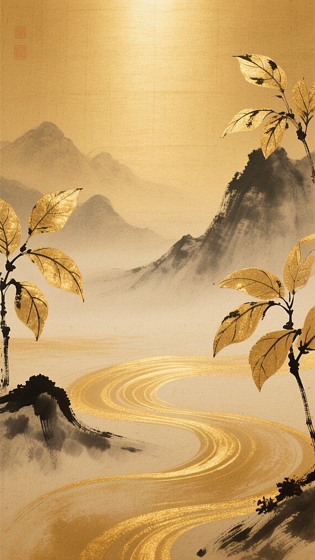一幅具有国风水墨韵味的金色系背景图，整体保持原有的温暖明亮氛围和从浅金到深金的渐变色调，柔和的顶部光源洒下，营造出宁静而庄重的意境。画面下方是呈现出水墨晕染效果的金色波浪，线条流畅自然，如同被风吹拂的丝绸，带着水墨特有的层次感和通透感。两侧装饰着水墨写意风格的金色枝叶，叶片边缘有淡淡的墨色勾勒，形态优雅舒展。远处的山峦以水墨技法晕染而成，轮廓朦胧，层次分明，展现出传统山水画的韵味。整体画面纹理融合了水墨的笔触质感，既有金色的华贵，又有水墨的雅致，背景采用宣纸般的纹理效果，使整个画面呈现出独特的东方美学意境。