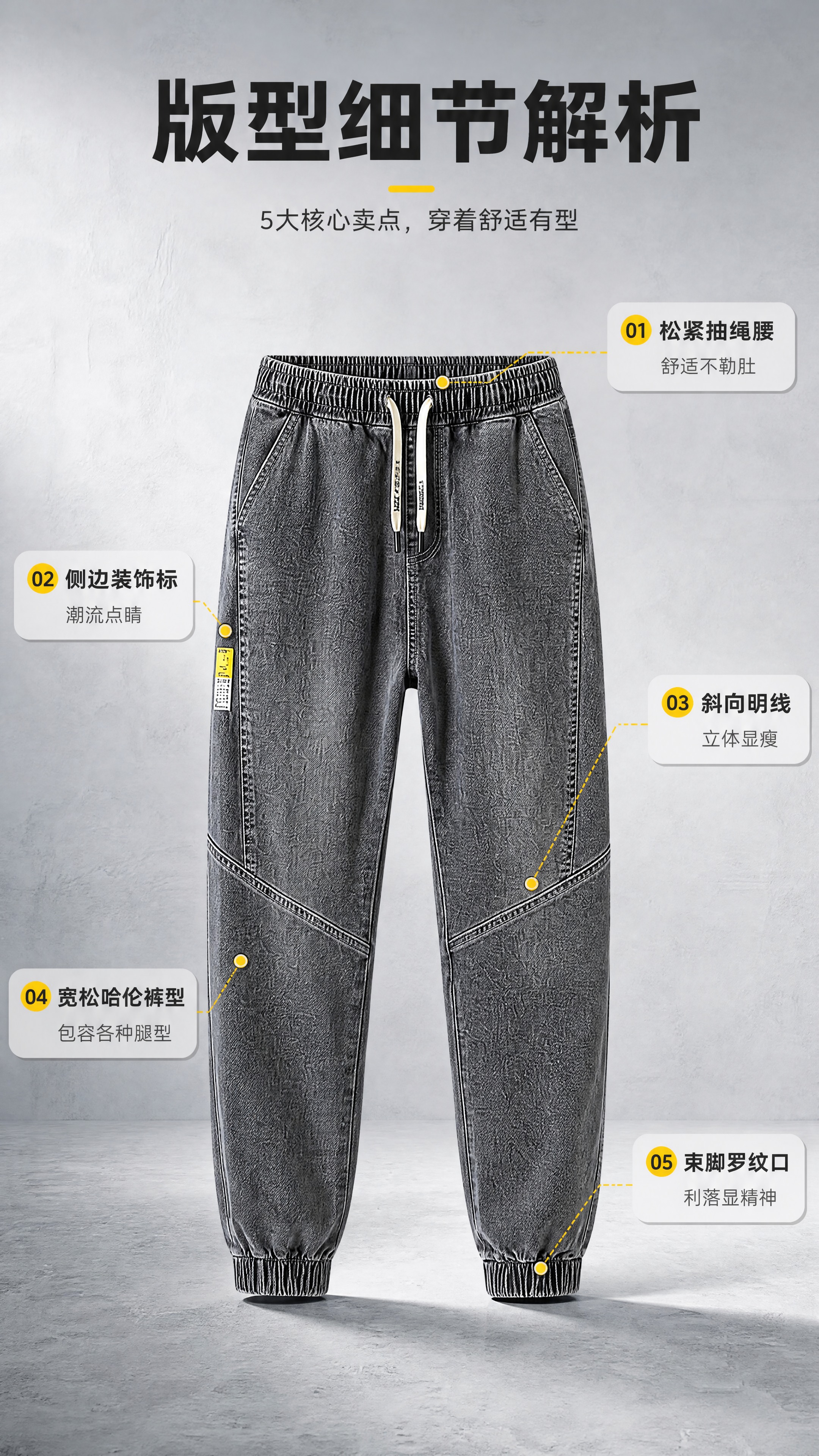[商品] 使用【图1】男士烟灰色松紧腰束脚牛仔裤；保留松紧抽绳… - 图片创意预览