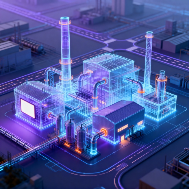 俯视视角的未来工业场景插画，蓝紫色为主色调，透明线框和发光结构构成数字化工厂建筑群，包含高耸烟囱、复杂管道系统与厂房，部分建筑有亮屏和暖橙色细节点缀，背景是规整工业路网与模糊建筑轮廓，充满科技感与数字预览效果
