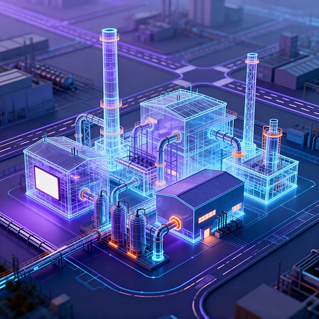 俯视视角的未来工业场景插画，蓝紫色为主色调，透明线框和发光结构构成数字化工厂建筑群，包含高耸烟囱、复杂管道系统与厂房，部分建筑有亮屏和暖橙色细节点缀，背景是规整工业路网与模糊建筑轮廓，充满科技感与数字化气息，展现工业设施智能化、可视化与元宇宙式管理场景