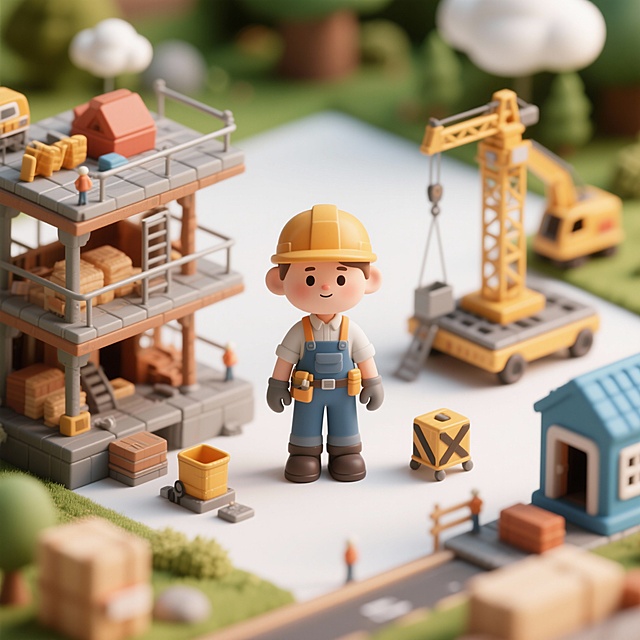 生成一个3D工地工人的形象素材的正视图，白色底