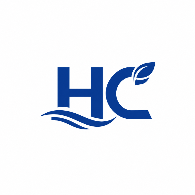 保留原设计风格，仅将文字修改为"HC"，保持深蓝色主体，干净白色背景，将原波浪绿叶元素保留融入HC字母设计中，现代简约大气logo，仅包含两个字母"HC"，文字完整不可裁切，四周留安全边距预览效果