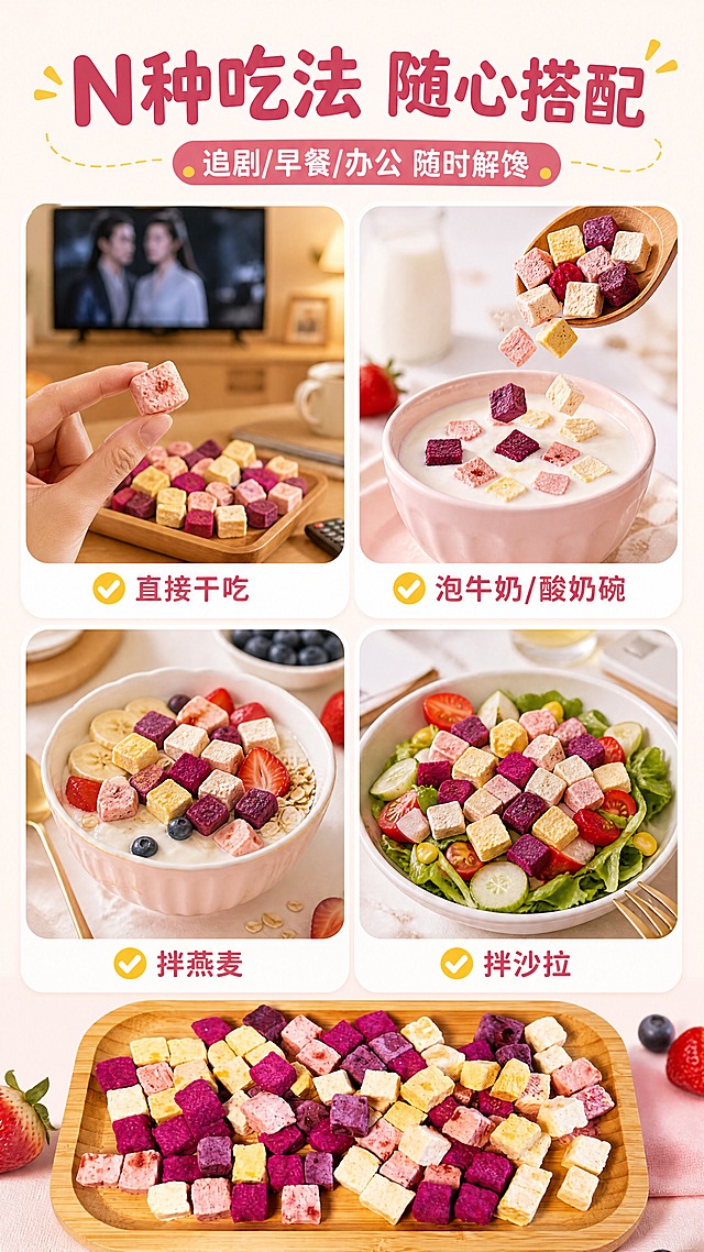 [商品] 使用【图3】混合果粒酸奶脆（木托盘装）；保留方块造型、多色外观、冻干质地、果粒嵌入；商品处理：保留原有颜色、形状和托盘摆放，增强酸奶块酥脆质感和果粒清晰度，不改变产品结构。
[画面] 目标：场景种草页，展示多种吃法与百搭场景；构图：2×2场景拼图+底部标题说明，四张圆角卡片分别展示不同吃法；左上：干吃追剧场景（手拿酸奶块+电视/零食盘背景）；右上：泡牛奶早餐场景（酸奶块倒入牛奶碗）；左下：拌燕麦酸奶碗场景（水果燕麦+酸奶块）；右下：拌沙拉轻食场景（蔬菜沙拉撒酸奶块）；中心或底部保留产品主体参考；画面层次≥3层，每张卡片都有前景食物、中景产品、后景环境。
[视觉] 套系策略：风格=清新治愈零食风商业摄影；标题字=圆润可爱粗体无衬线；正文字=简洁无衬线体；主色=奶粉白+莓果粉；背景延展=基于奶粉白做浅渐变、细腻奶霜质感和同色系深浅层级；强调色=芒果黄，仅用于小面积图标、引线和标签点缀；标题色=深莓果粉；正文色=暖棕灰；组件=圆角浅底信息卡、细线引线、可爱小图标；光影=左前侧柔和自然光，明亮通透。
[文字] 顶部主标题「N种吃法 随心搭配」，副标题「追剧/早餐/办公 随时解馋」；四张场景卡片下方分别标注：「✅ 直接干吃」「✅ 泡牛奶/酸奶碗」「✅ 拌燕麦」「✅ 拌沙拉」；全部横向排版，字号保证手机端清晰可读，文字不遮挡食物主体。
[规格] 图片比例9:16竖版，4K分辨率，负向提示：避免变形、错字、文字过小、冷蓝灰背景、产品颜色改变、场景不真实、卡片排版杂乱。