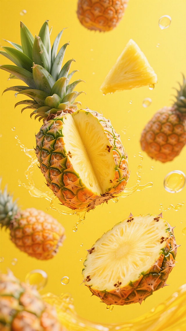 高饱和度明亮黄色背景，多个造型变换的新鲜菠萝以动态悬浮状态呈现，包括完整带绿叶菠萝、纵向对半切开露出金黄色果肉和放射状果眼的菠萝、不同角度的扇形切片菠萝，菠萝表皮呈现自然的橙黄色网格纹理与绿色尖刺，果肉色泽鲜亮通透，伴随飞溅的黄色菠萝果汁液滴和气泡，整体画面充满活力与动感，光影立体感强，色彩明快鲜亮，营造出新鲜、清爽、充满夏日气息的氛围，无文字及二维码元素。