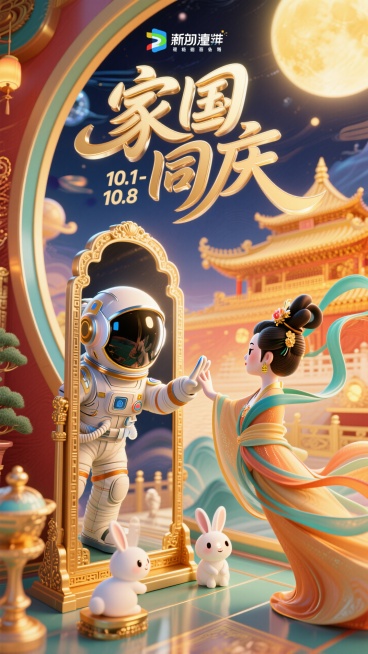 大师级排版设计，（字体标志"家国 同庆”装饰日期：“10.1-10.8”，两行错排；创意字体设计，线条流畅且富有艺术感，将字体进行抽象变形，创造出独特的节奏和动感，给人以强烈的视觉冲击。流畅立体字，金预览效果