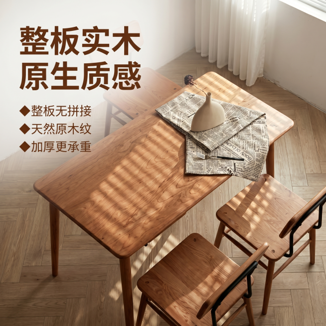 [主图 1] 空间场景与氛围-整板实木桌面板中式家居首图。
[氛围风格] 温馨中式居家生活感，高级原木材质表现；
[画质] 商业摄影质感、光线柔和通透、产品清晰真实、画面干净高级。
[元素] 实木桌面预览效果