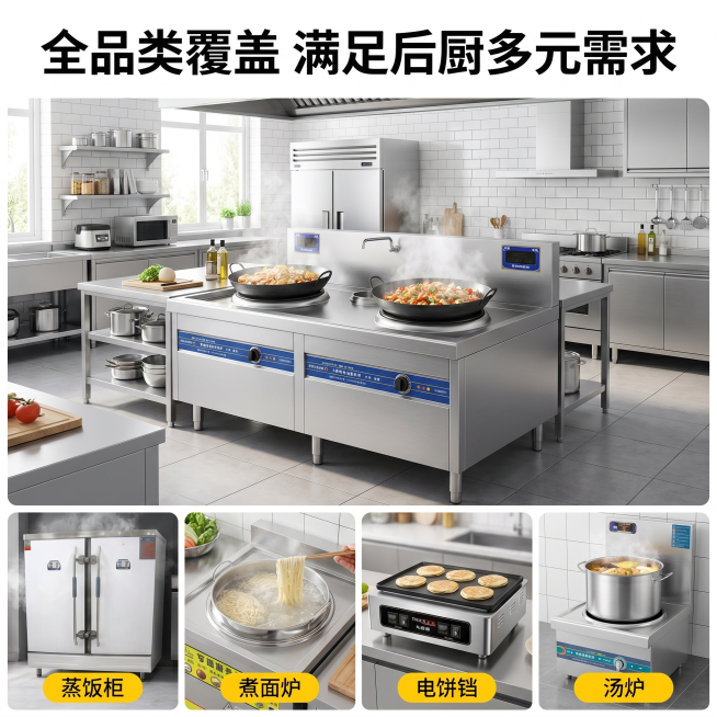 [主图-4] 适用场景展示图
[氛围风格] 真实食堂场景，专业实用感
[画质] 商业摄影质感，光线柔和通透，产品清晰真实，画面干净高级
[元素] 展示大锅灶在现代化单位食堂后厨作业场景，大锅灶放置在食预览效果
