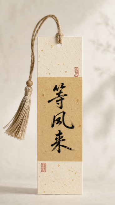 竖向书签吊牌，和参考图风格一致，米白色洒金卡纸，带打孔麻绳流苏，中间色块背景，黑色毛笔字体写"等风来"，角落加红色印章装饰，整体国风禅意预览效果