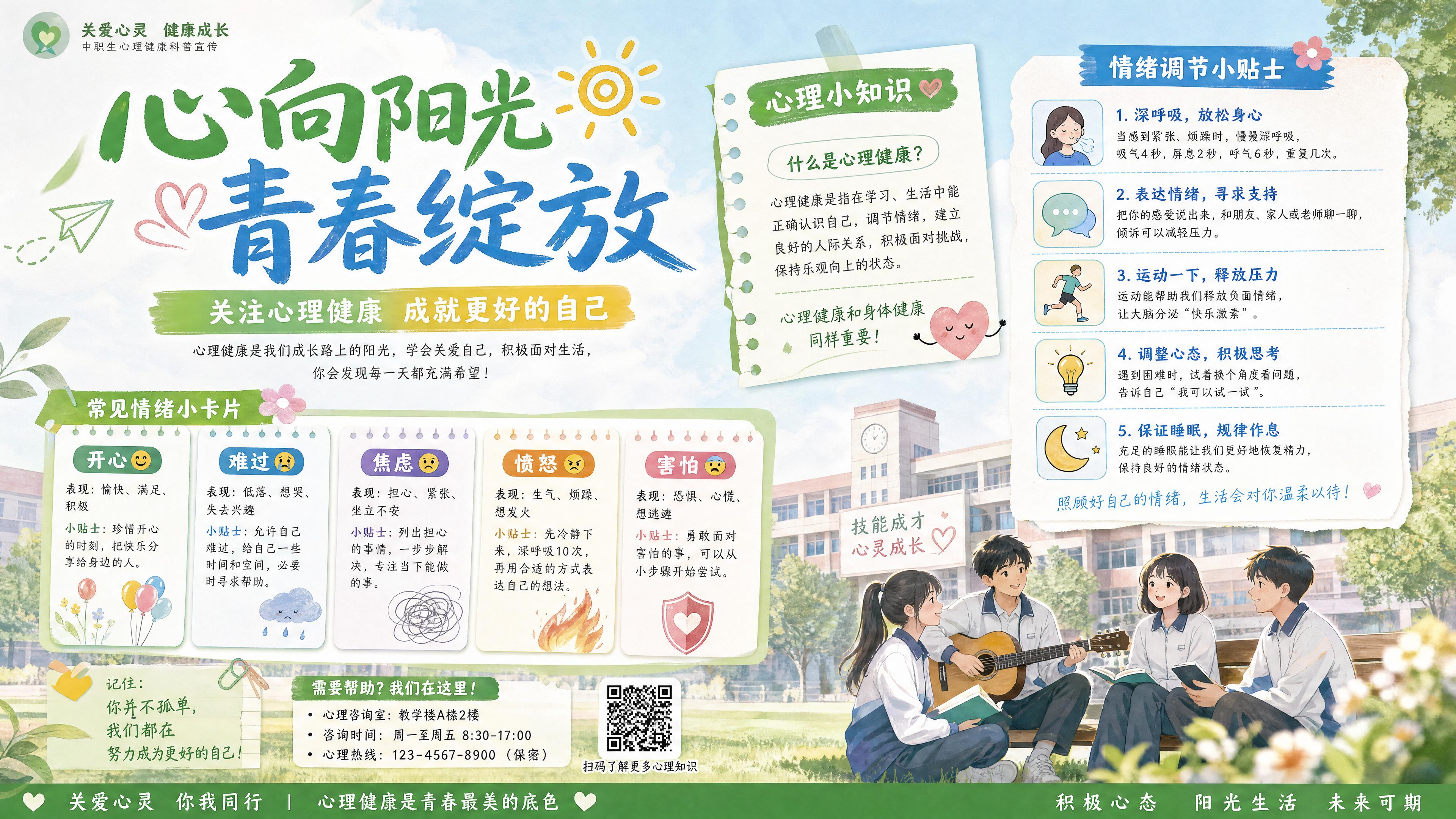 中职校园心理知识科普宣传海报，画面清新治愈，包含心理小知识卡片… - 图片创意预览