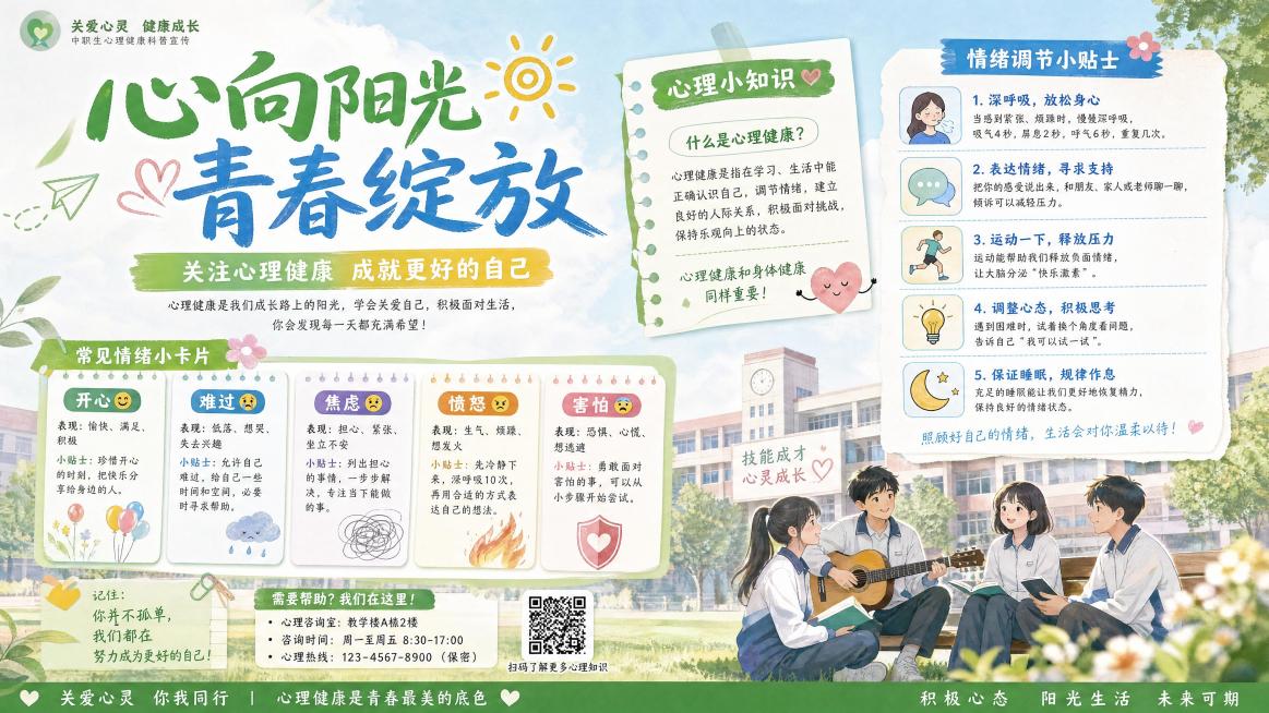 中职校园心理知识科普宣传海报，画面清新治愈，包含心理小知识卡片、温暖的校园场景，融入情绪调节小贴士内容，整体积极阳光，符合青少年认知风格，具有教育引导意义，预览效果