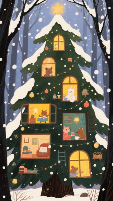 冬日森林秘境，童话故事绘本风格，下雪，1棵巨大的圣诞树，可见多个从圣诞树上打开的窗户，小动物们住在圣诞树里面，房间内温馨装潢和小物件充满生活气息，小动物们有的在房间内喝茶、看书、有的把小脑袋探出了窗外预览效果