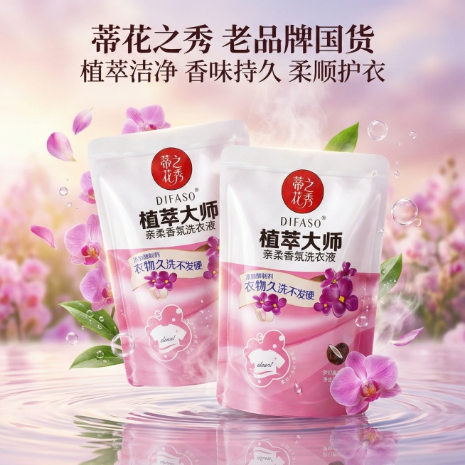 我是网店卖家，产品是我是网店卖家，产品是老品牌国货,蒂花之秀驰名商品袋装洗衣液，洗衣洁净，香味持久，根据你的经验帮我生成一个电商主图，提升一些洗衣液主体质感，切记不要出现网络违禁词,略微提升质感包装袋预览效果