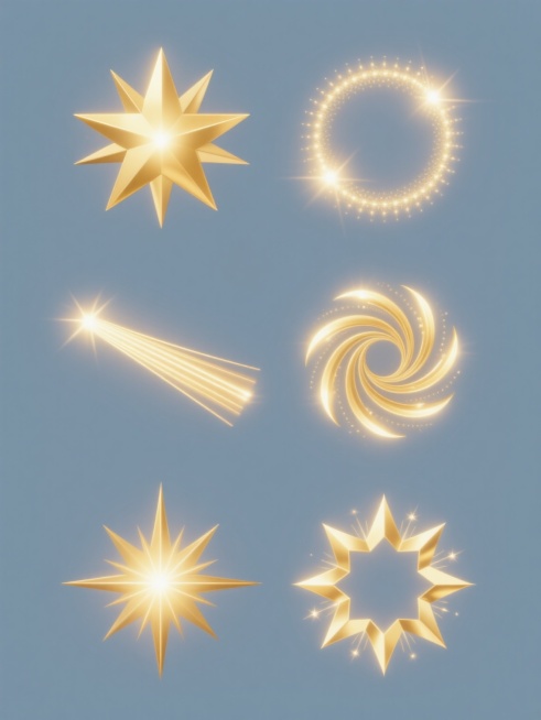 纯色背景上，以原金色光芒元素为基础，生成6个同系列素材集合，每个素材保持相同的金色配色和明亮闪耀的光影效果，但拥有完全不同的金光形状造型与展示角度，所有素材规整排布，金光元素的形状包括但不限于星形、放射状、圆形光斑、线性光束、螺旋状光芒、多角形闪光等，整体画面简洁明快，光影层次丰富，金色光芒具有细腻的渐变过渡和高光细节。预览效果