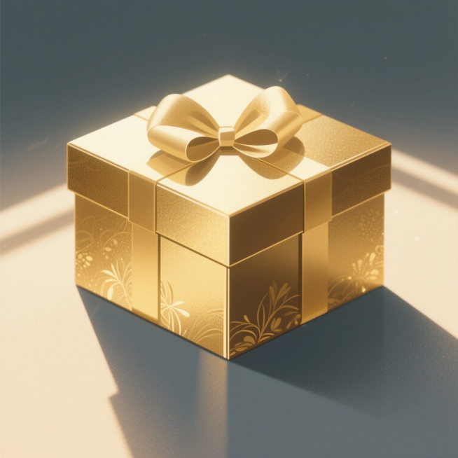 一个精美的礼盒，金色系，扁平插画风格，有质感的微光，高级感，画面简洁，主体突出，柔和光影效果，精致细节，优雅氛围预览效果