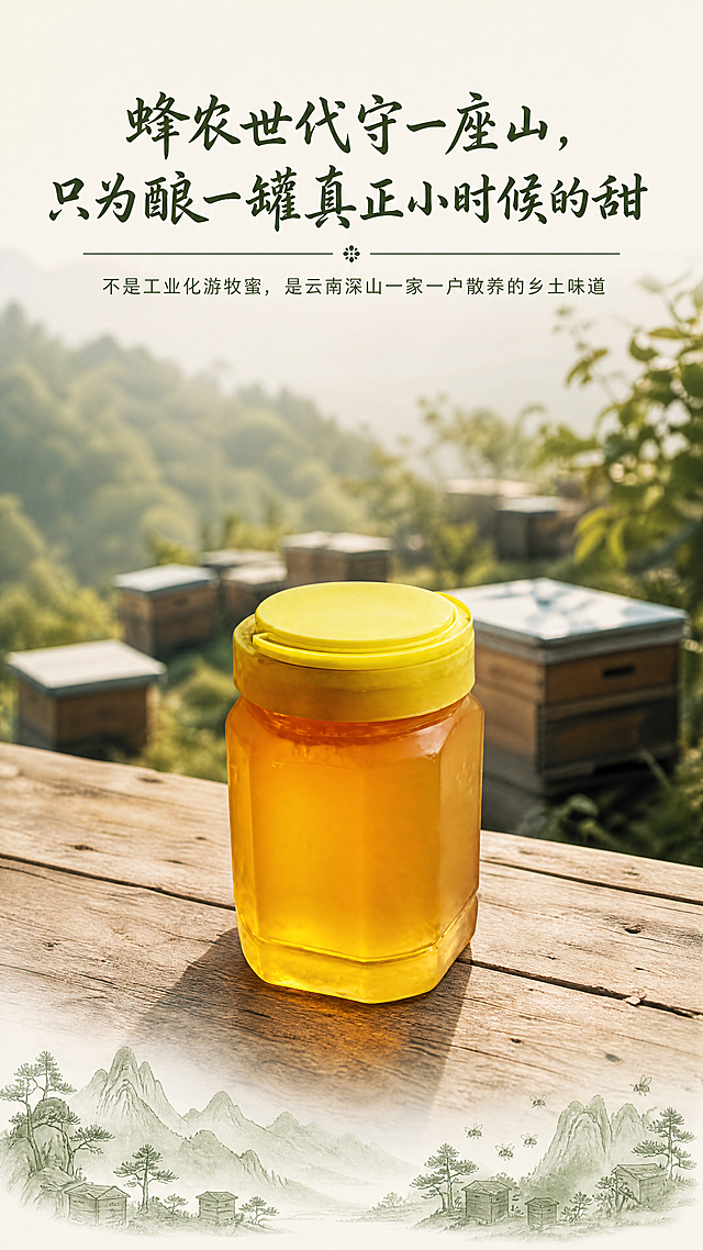 [第3屏] 产地工艺介绍-文山蜂农散养土蜂蜜。本屏使用【图1】作为商品主体。
[氛围/风格] 乡土人文氛围感，真实质朴乡村质感，温暖自然摄影风。
[元素布局] 画面背景虚化处理为云南深山蜂箱远景，主体蜂蜜瓶放在画面中部偏下位置，保持产品外观形状颜色与输入图一致。画面上方预留标题位置，下方添加蜂箱和山林的浅淡剪影装饰，整体层次清晰，产品主体突出。
[光影质感] 清晨柔和散射光，整体亮度均匀，产品突出，背景朦胧氛围感。
[配色色系] 全局底色：#F6F2E9（米白色）；主体配色：#FCD232（亮黄瓶盖）+#F7B342（金黄蜂蜜）；辅助色：#5A7247（深绿山林）+ #2C3E23（深绿文字），沿用统一配色规范。
[视角构图] 居中构图，背景虚化，突出主体产品，文字在上产品在下，自然阅读顺序。
[文字版式] 顶部主标题，主标题下方副标题。字形选用温润书法感标题字+正文无衬线字体，字色仅深绿色一种，纯色填充字效，保持全套风格一致。主标题 "蜂农世代守一座山，只为酿一罐真正小时候的甜"，副标题 "不是工业化游牧蜜，是云南深山一家一户散养的乡土味道"，文字排版留白舒适，不遮挡产品主体。
[比例分辨率] 9:16 竖版比例，4K分辨率，文字清晰可辨，超高清。
[负向提示词] 产品变形，颜色偏差，文字错乱，水印，背景杂乱，虚假场景。
